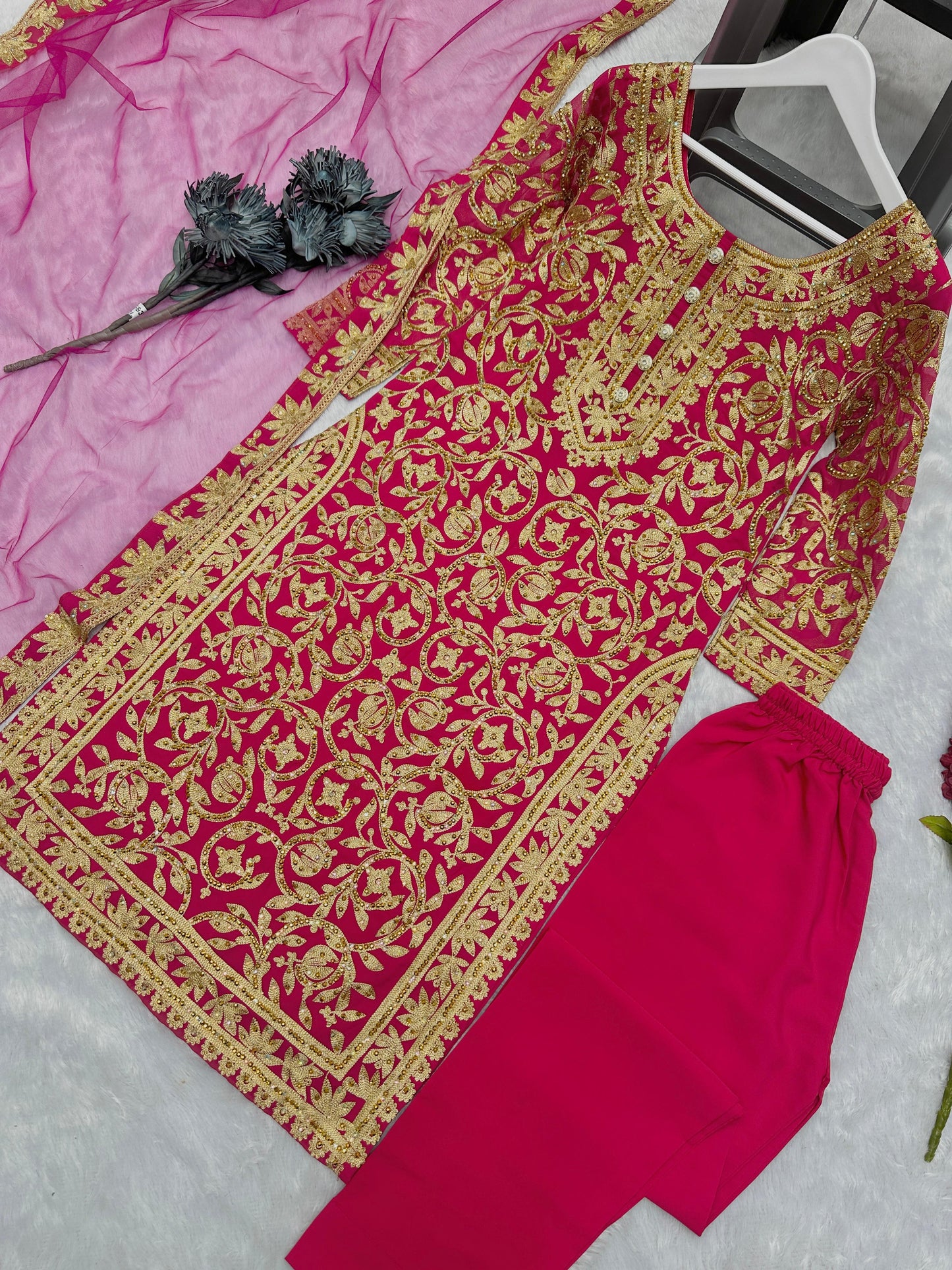 Heavy Embroidery And Stone Hand Work Top - Bottom With Dupatta