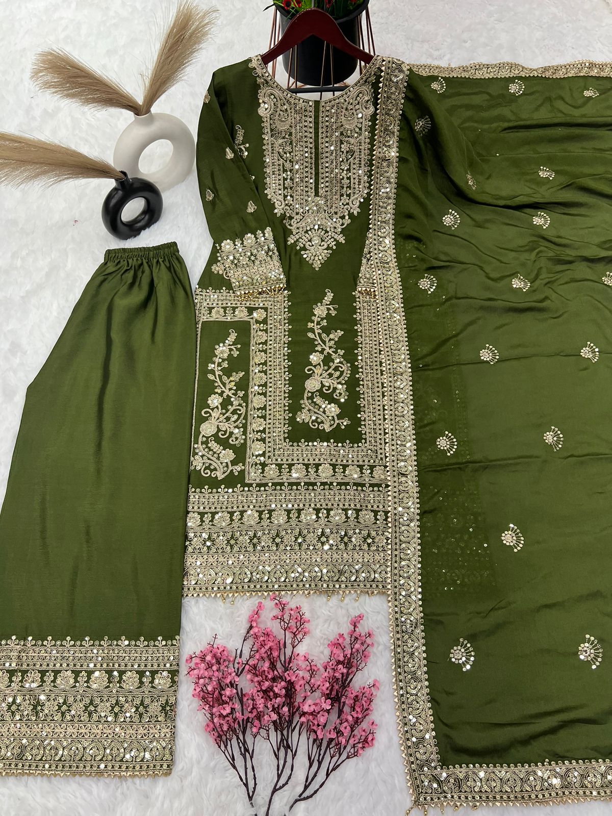 Embroidery Coding Dori-Sequence Work Top-Bottom And Dupatta Set Fully Stitched