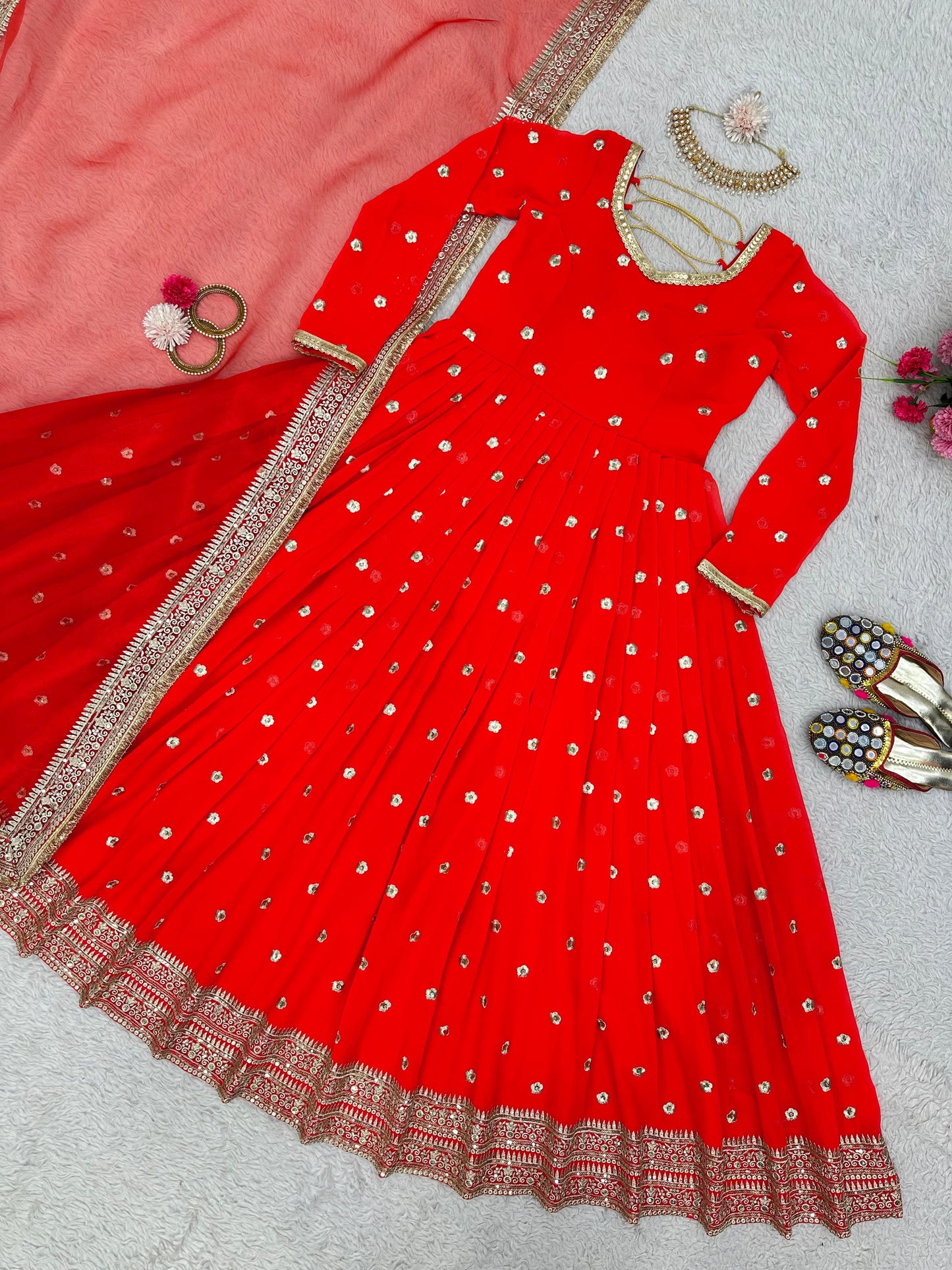 Red Anarkali Salwar Kameez Punjabi Suit salwar Lace Work simple Indian outfit .