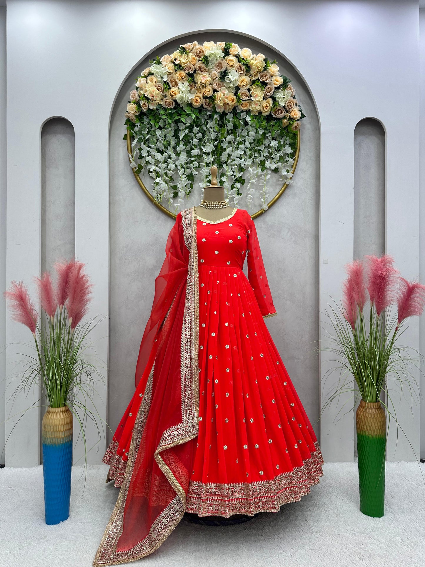 Red Anarkali Salwar Kameez Punjabi Suit salwar Lace Work simple Indian outfit .