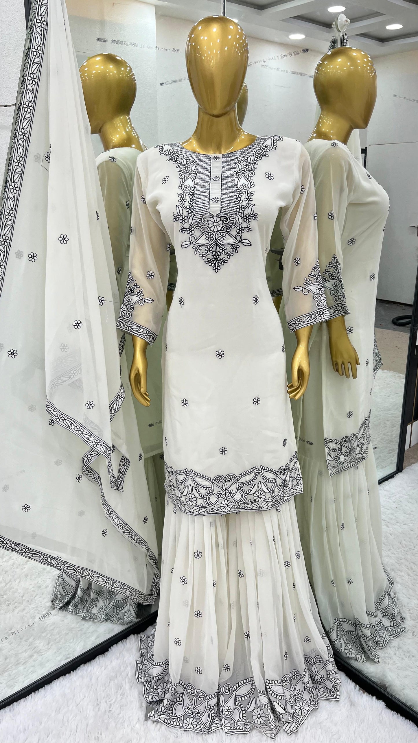 Thread Embroidery Work Top-Gharara And Dupatta Set Fully Stitched Ready To Wear