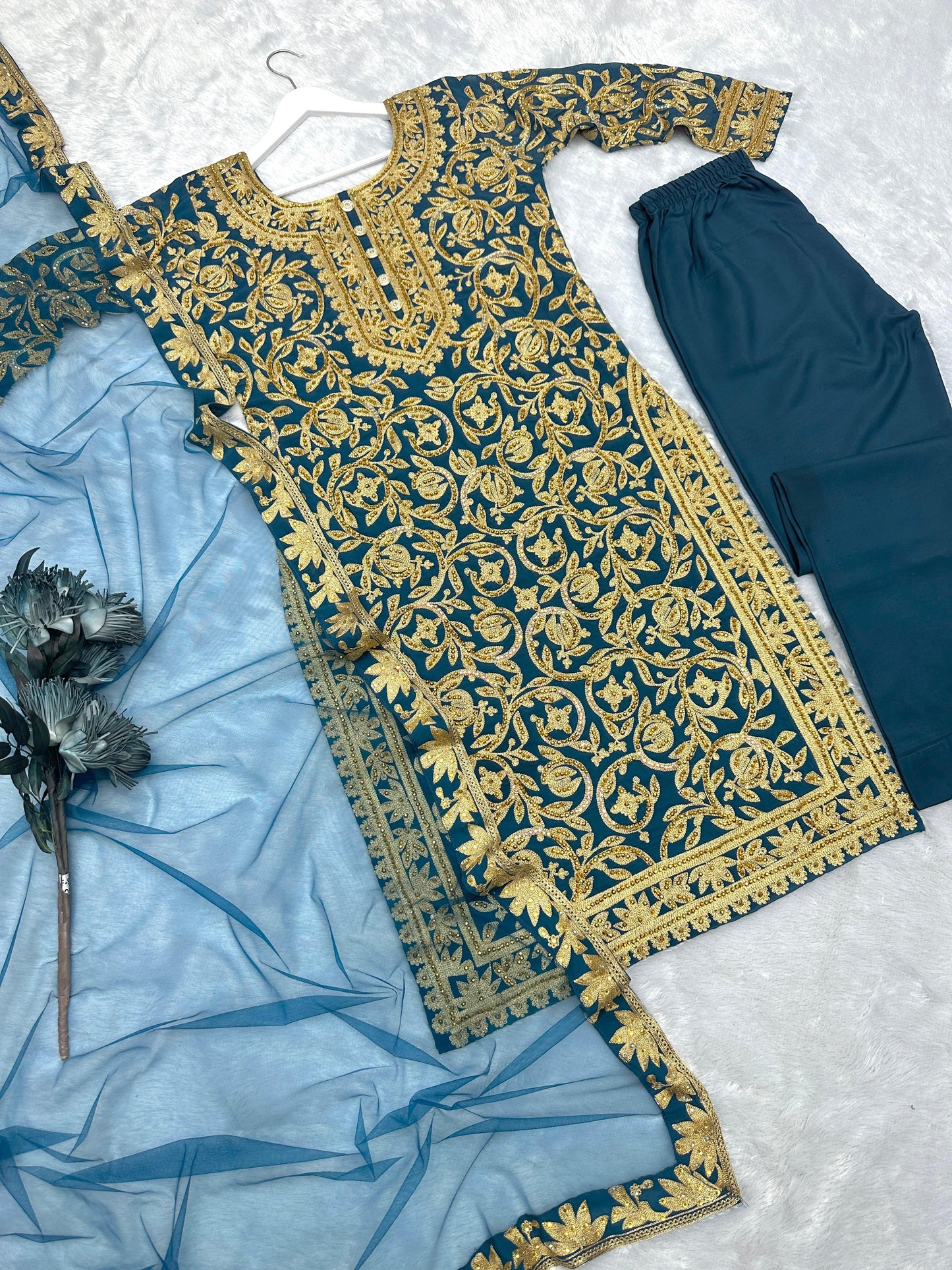 Heavy Embroidery And Stone Hand Work Top - Bottom With Dupatta