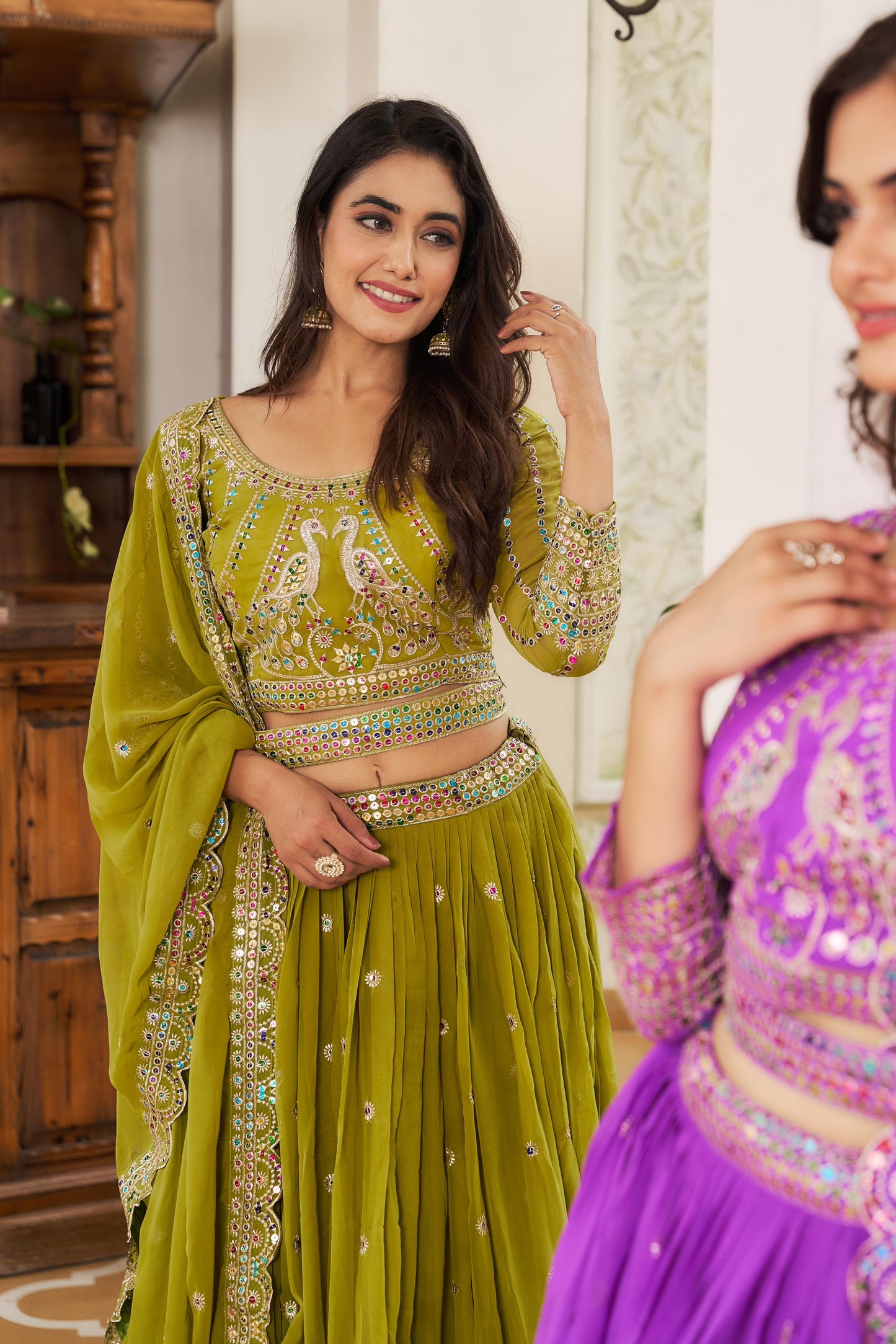 Purple and Green Embroidered Brocade Anarkali