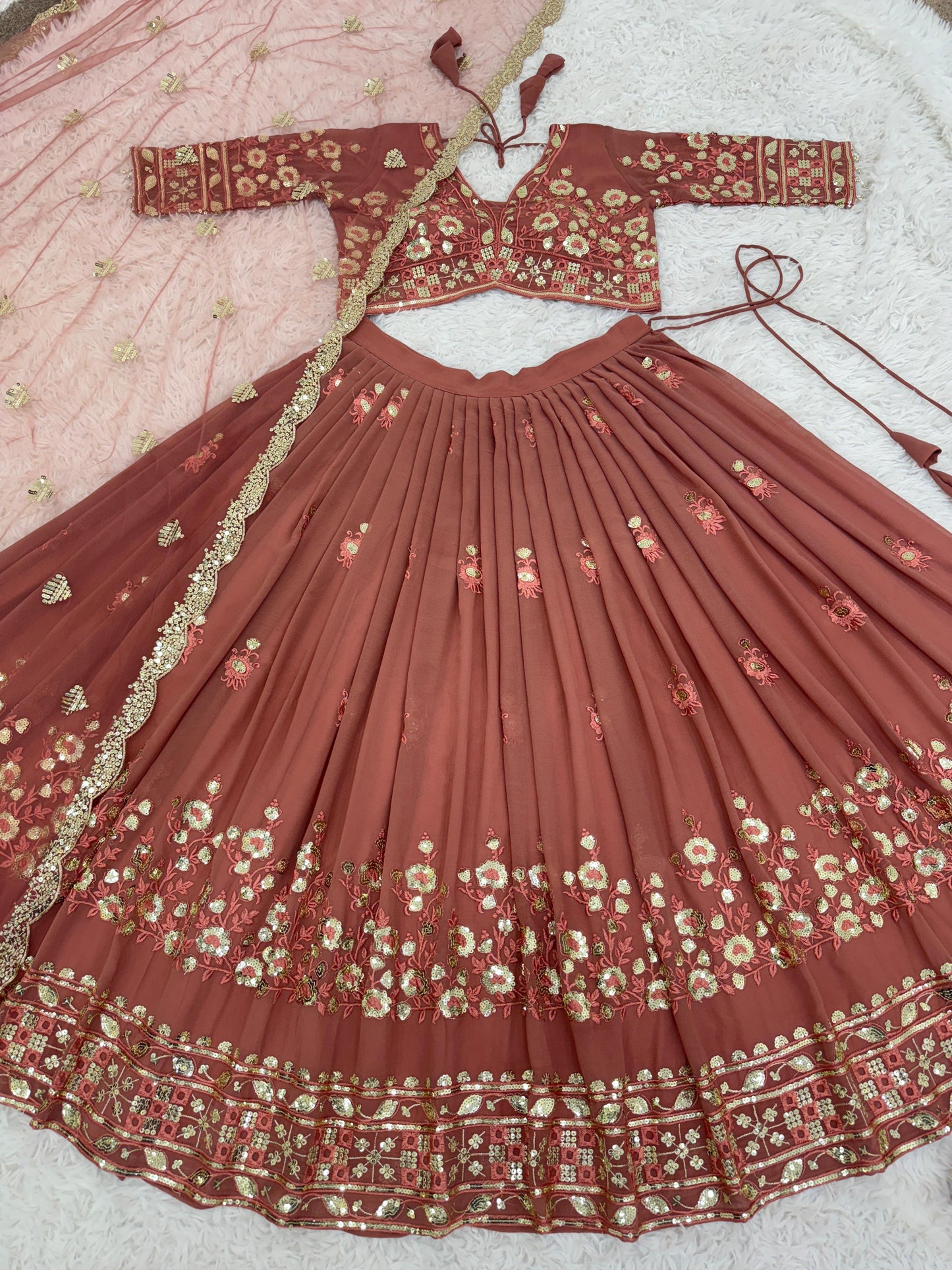 New Fox Georgette With Heavy 5mm Siqwans Embroidery Work Lehenga