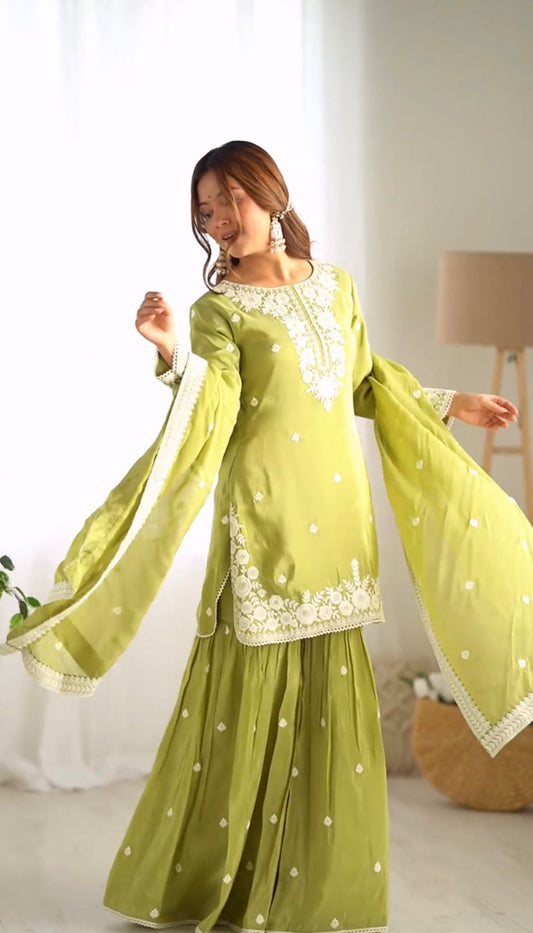 Party Wear Look Top-Plazzo and Dupatta With Heavy Embroidery Work