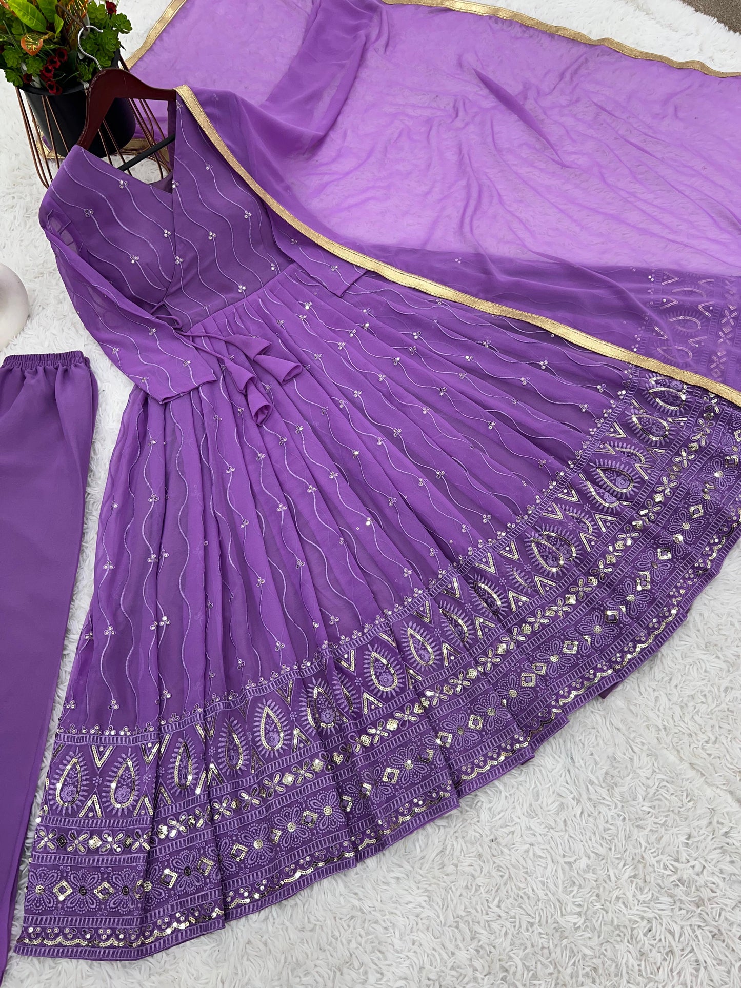 Superb Violet Color Georgette Embroidery Sequence Gown