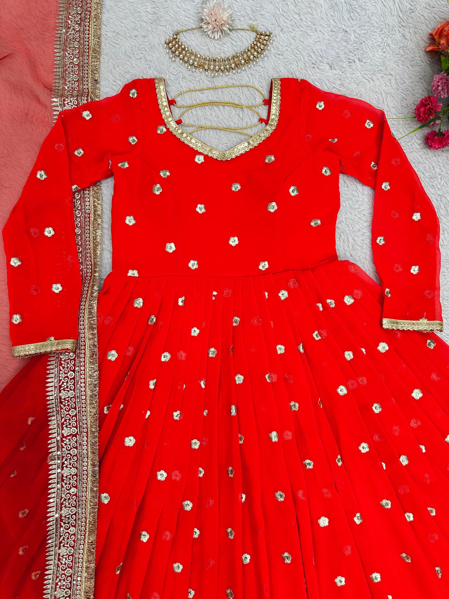 Red Anarkali Salwar Kameez Punjabi Suit salwar Lace Work simple Indian outfit .