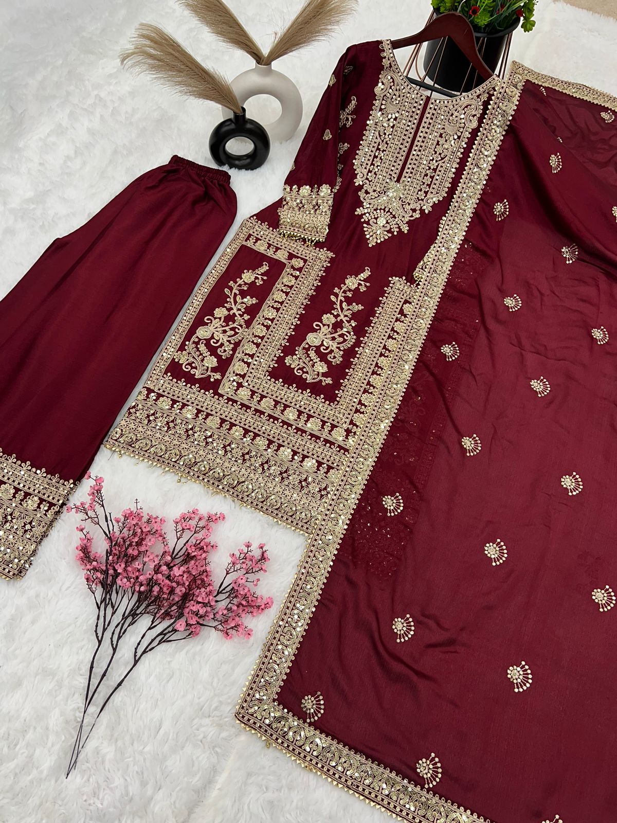 Embroidery Coding Dori-Sequence Work Top-Bottom And Dupatta Set Fully Stitched