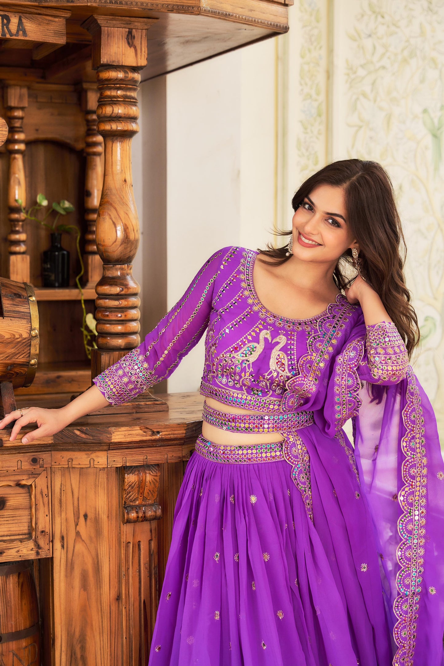 Purple and Green Embroidered Brocade Anarkali