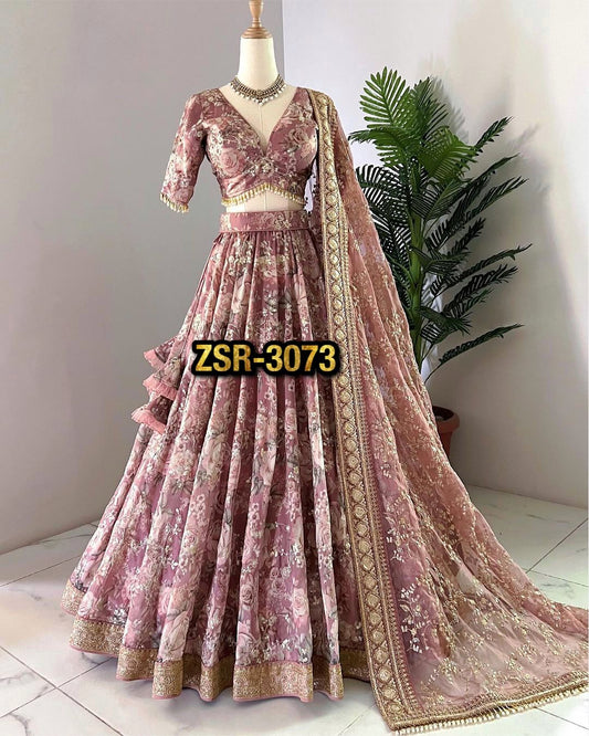 Attractive Heavy Embroidery Work Pink Color Lehenga Choli