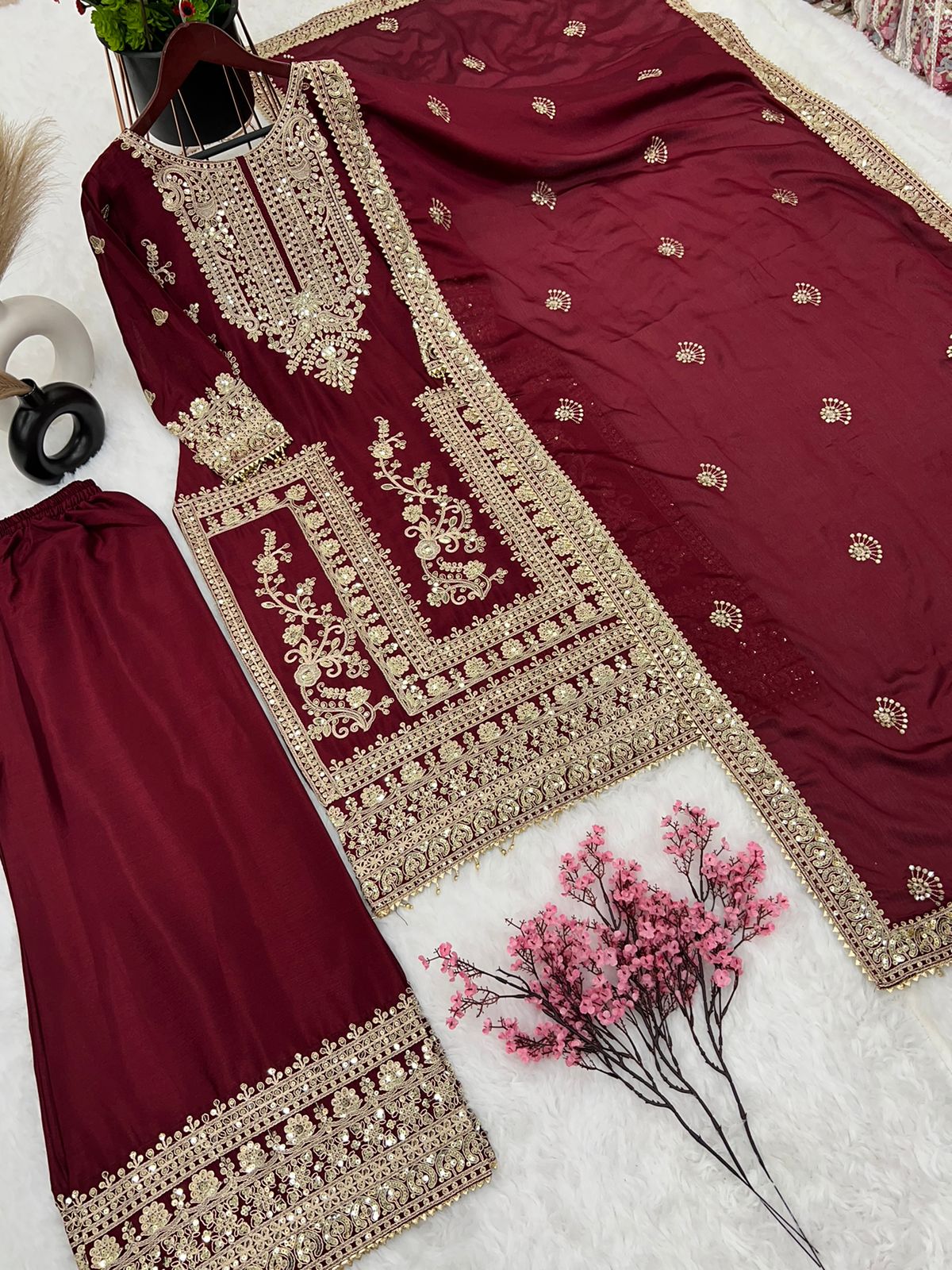 Embroidery Coding Dori-Sequence Work Top-Bottom And Dupatta Set Fully Stitched