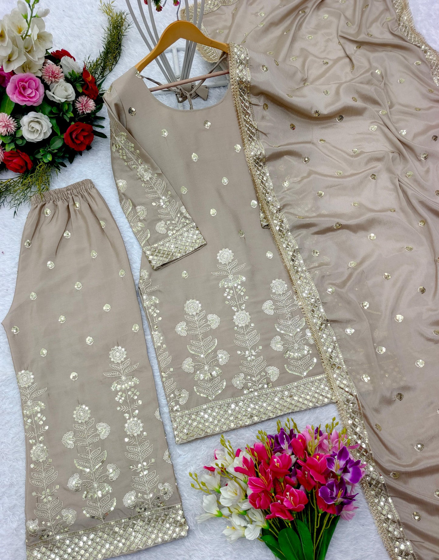 Heavy Chinon Silk Top-Palazzo and Dupatta Set Fully Stitched Ready To Wear