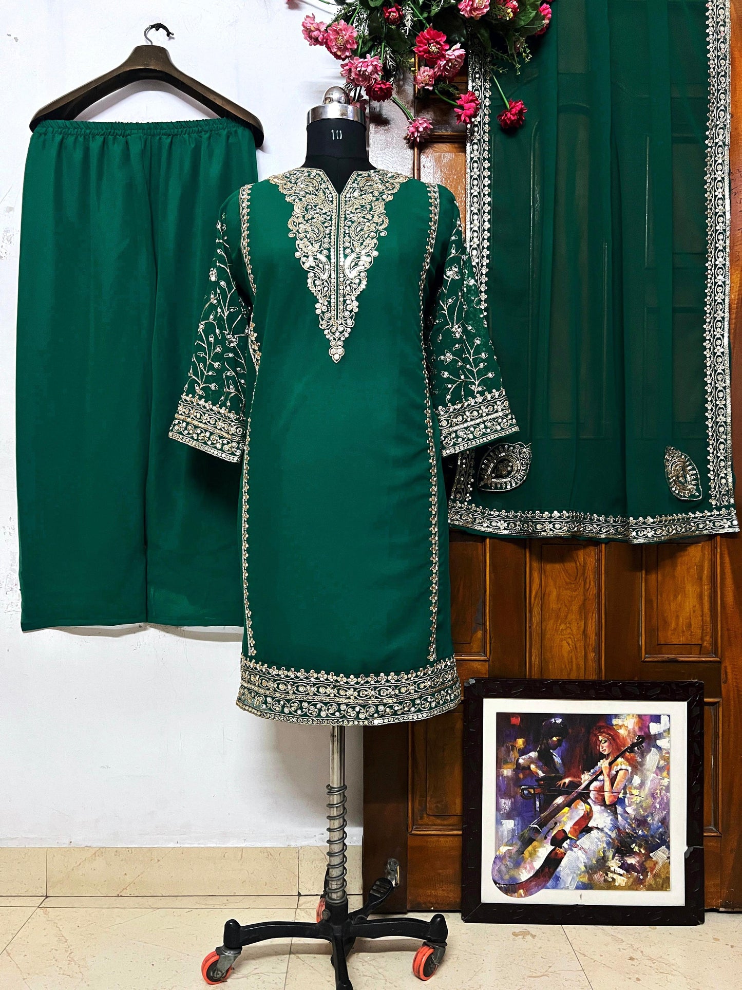 Kurti-Plazzo Set in Georgette Fabric with Fancy Sequins and Zari Embroidery