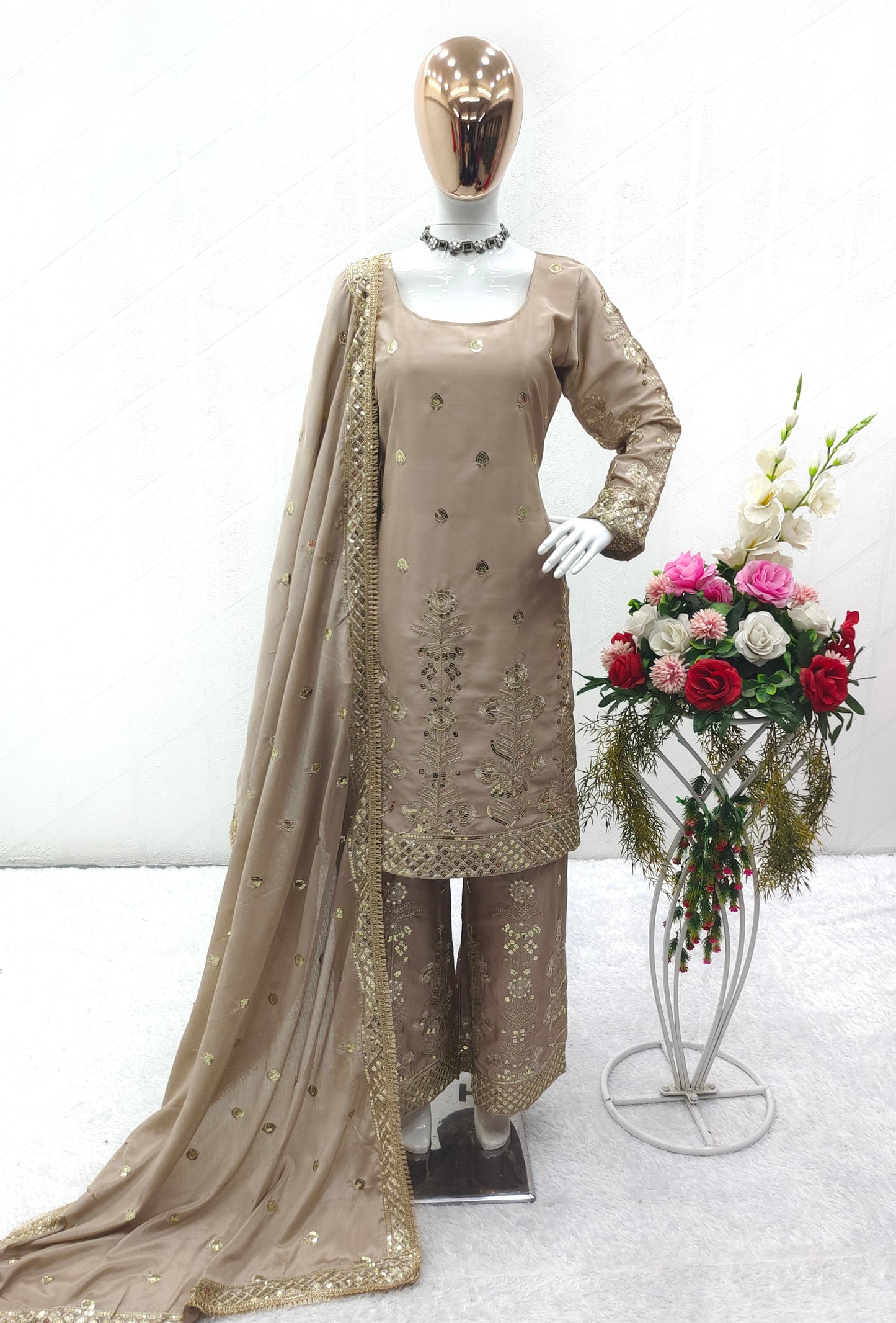 Heavy Chinon Silk Top-Palazzo and Dupatta Set Fully Stitched Ready To Wear